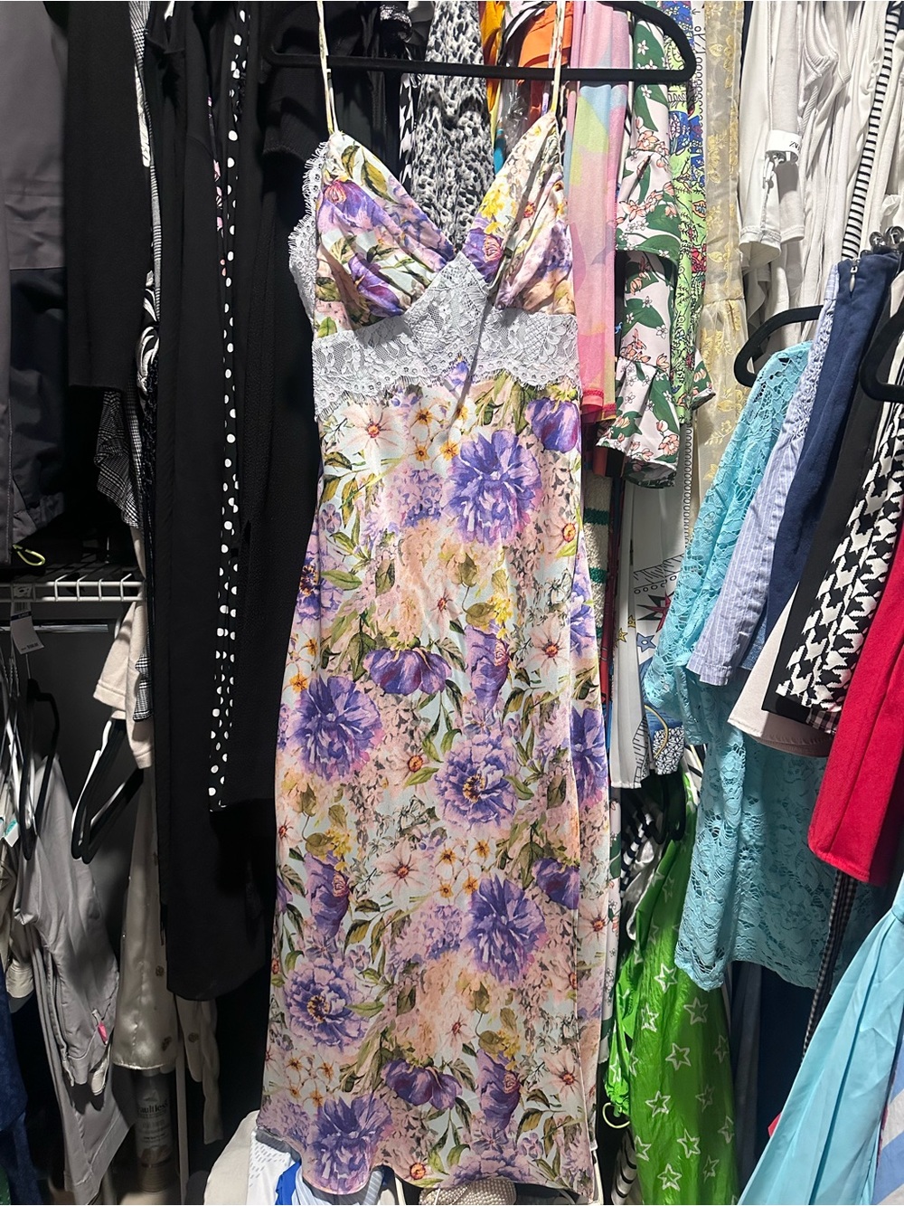 Floral Lace-Trim Slip Dress in Lavender Multi
